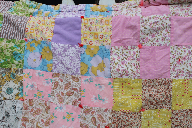 old patchwork quilt comforter, bright cotton fabrics, vintage feed sack fabric hanky print