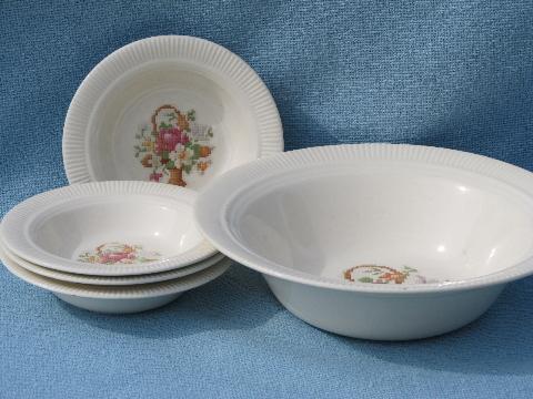 old petit point flower basket china, vintage berry set bowls & big bowl