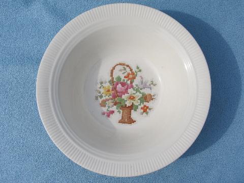 old petit point flower basket china, vintage berry set bowls & big bowl