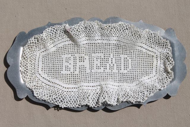 old pewter serving tray w/ vintage crochet lace Bread plate doily