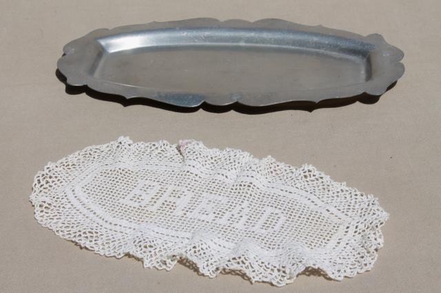 old pewter serving tray w/ vintage crochet lace Bread plate doily