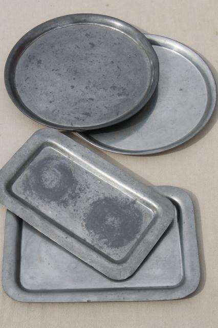 old pewter trays & charger plates, colonial style vintage dishes or serving pieces