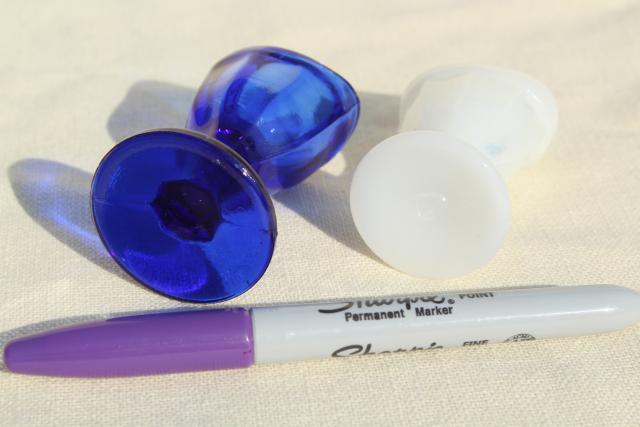 old pharmacy vintage glass eye wash cups, cobalt blue & milk glass 