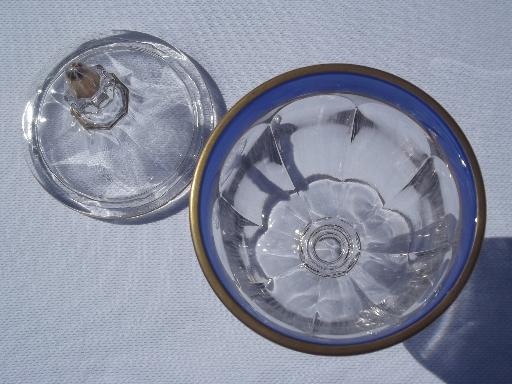 old pressed glass colonial candy jar, blue enamel wide band w/ gold rim
