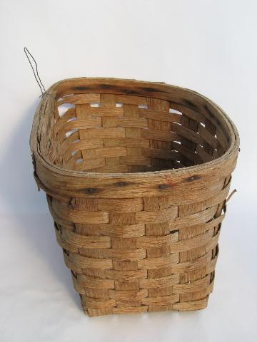 old primitive oak wood splint basket, hanging wall pocket