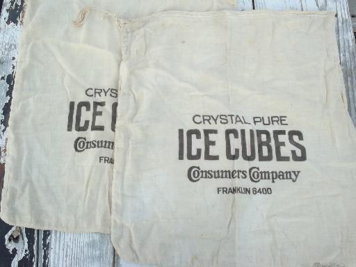 old primitive vintage printed cotton sacks for ice blocks or ice cubes