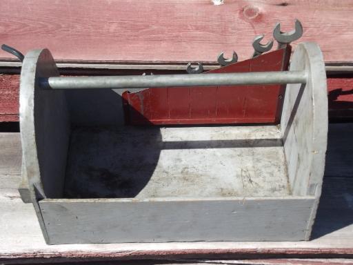 old primitive wood handyman or garden shed tool box carrier w/wrenches