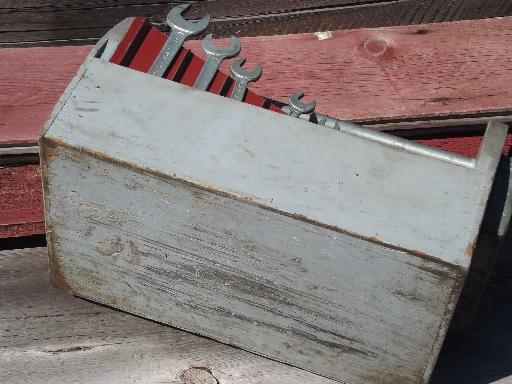 old primitive wood handyman or garden shed tool box carrier w/wrenches