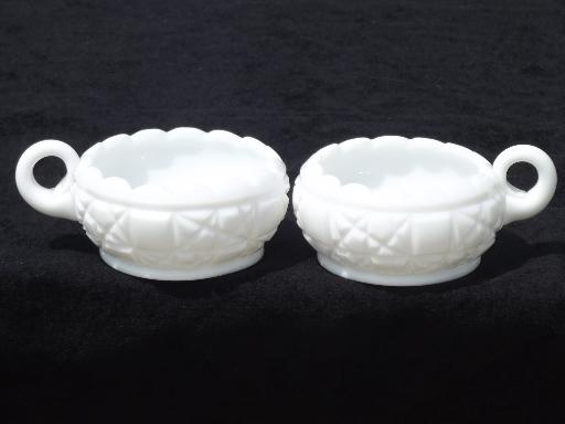 old quilt milk glass nappy and candle holders, quilted pattern pressed glass