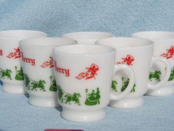 old red and green Christmas Tom and Jerry punch cups, vintage Hazel Atlas glass mugs