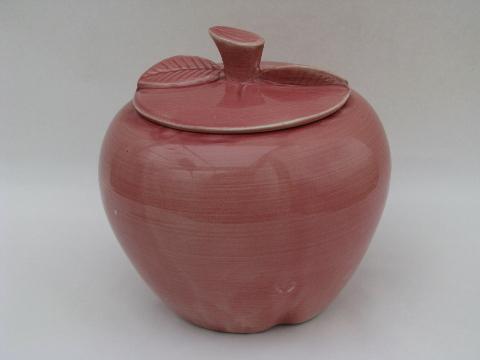 old red apple, vintage pottery cookie jar, unknown maker