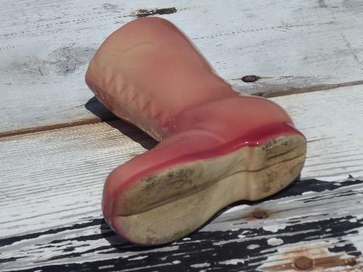 old red glazed yellow ware pottery boot flower planter vase, Shawnee?