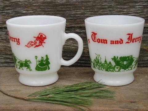 old red & green Christmas Tom & Jerry punch cups, vintage Hazel Atlas glass
