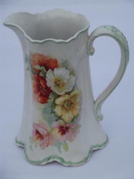 old roses floral china pitcher w/ shabby vintage cottage garden flowers