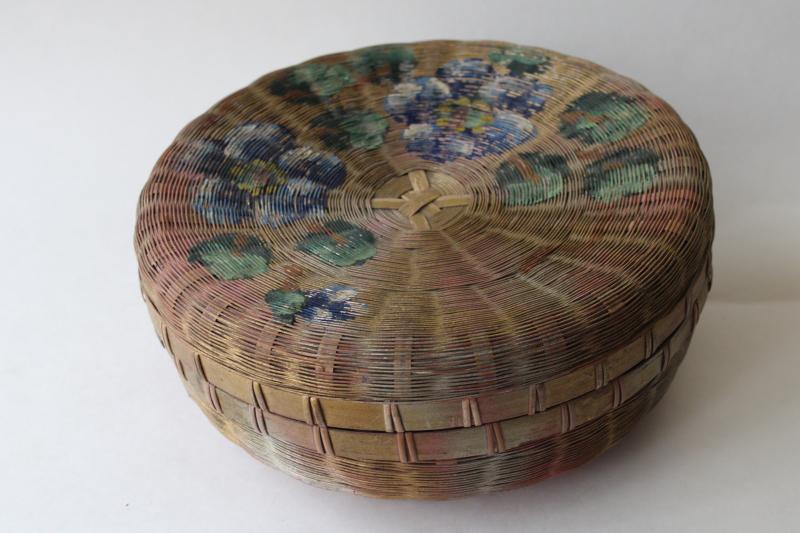old round basket sewing box w/ hand painted flowers, vintage Chinese basket