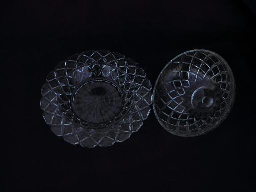 old round glass dome butter dish, vintage waffle pattern cover and plate