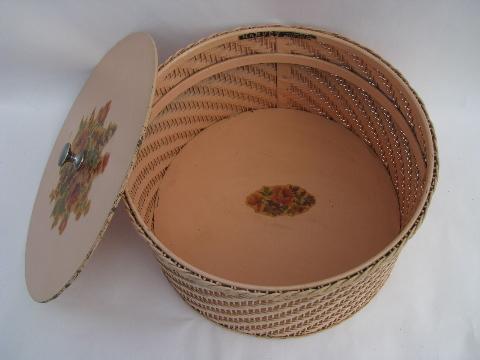 old round pink wicker sewing basket w/ vintage flower decals