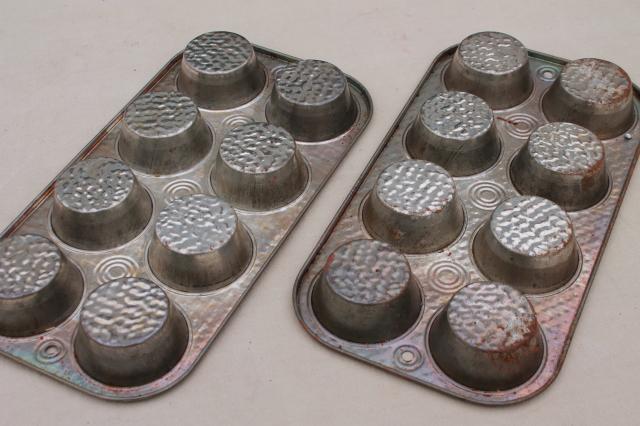 old rusty steel muffin tins, primitive rustic country vintage kitchen baking pans