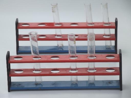 old school test tube racks, metal labware stands for chemistry vials