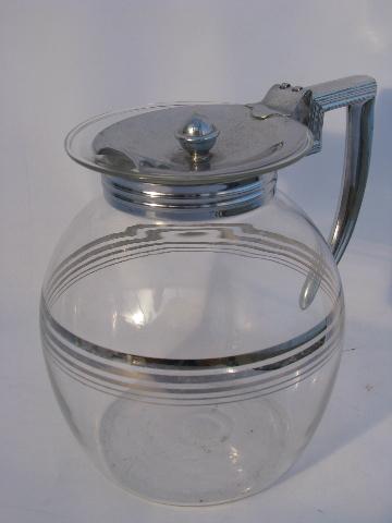 old silver band glass Pyrex stovetop coffee pot / server, 1940s - 50s vintage