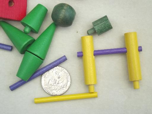 old small wood toys, game pieces, beads, lot for crafts or altered art