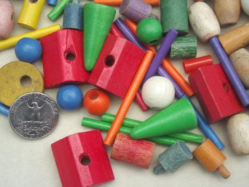 old small wood toys, game pieces, beads, lot for crafts or altered art