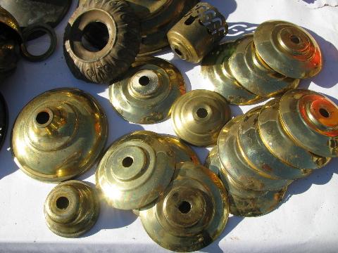 old solid brass lamp parts lot, vintage chandelier light restoration pieces etc.