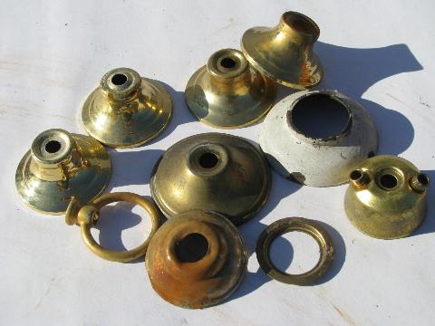 old solid brass lamp parts lot, vintage chandelier light restoration pieces etc.