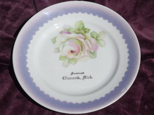 old souvenir piece of Ellsworth Michigan, antique china plate w/ roses