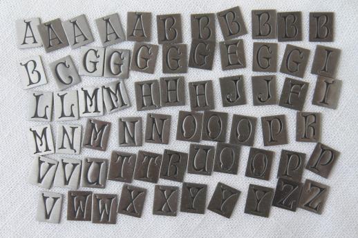 old stamped metal monogram alphabet letters, vintage craft charm jewelry supplies lot