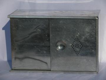 old steel bread box, breadbox w/ sliding door, hoosier wall-mount vintage