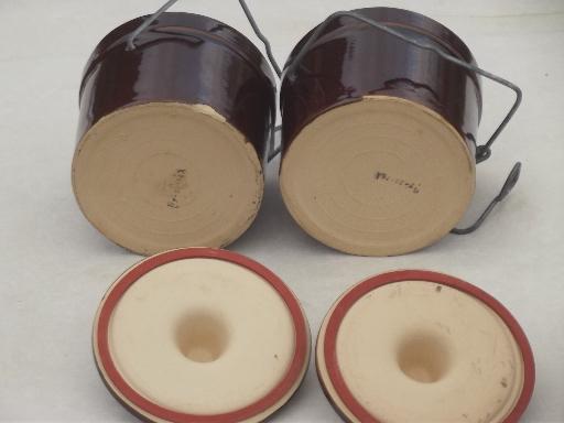 old stoneware cheese crocks lot, pottery preserves jars w/ bail lids