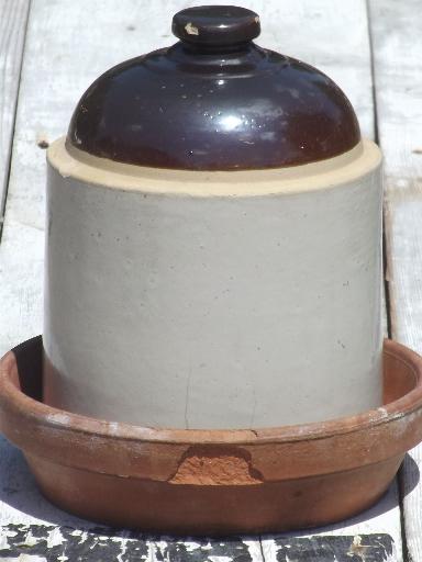 old stoneware crock jar chicken waterer, vintage chick waterer farm primitive