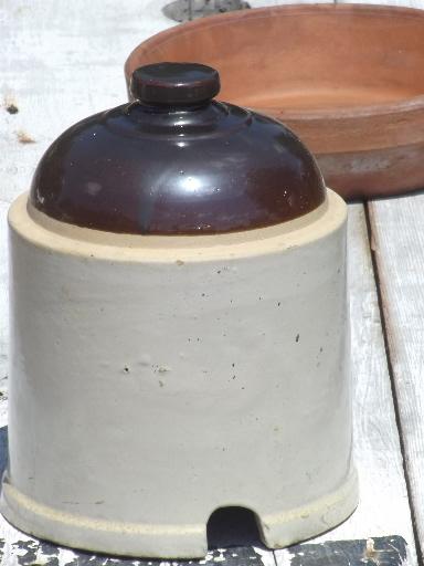 old stoneware crock jar chicken waterer, vintage chick waterer farm primitive