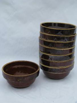 old stoneware kitchen bowls, 8 bowl lot, vintage oven proof pottery