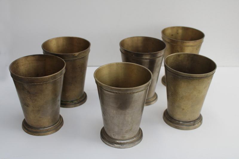 old tarnished brass drinking cups w/ antique silvered wash, shabby french style vases