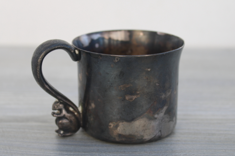 old tarnished silver baby cup w/ little squirrel handle, vintage Lunt silverplate