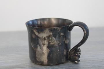 old tarnished silver baby cup w/ little squirrel handle, vintage Lunt silverplate