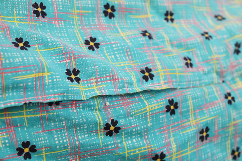 old tied quilt for cutter, teal & red vintage cotton print fabric for craft sewing projects