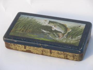 old tin box for fly fishing tackle, lures and flies - vintage fish print