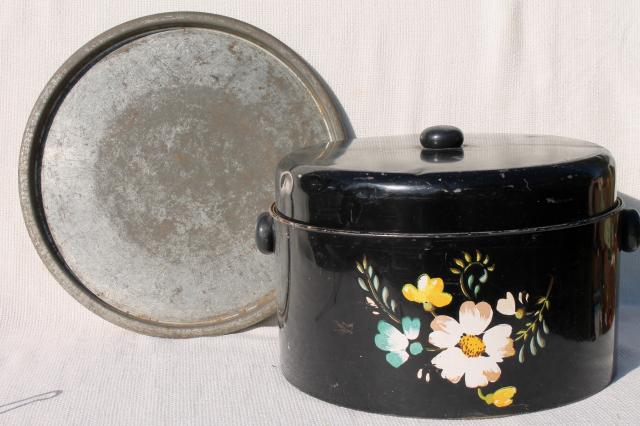 old tole metal cake cover carrier w/ hand painted flowers on black, vintage Ransburg