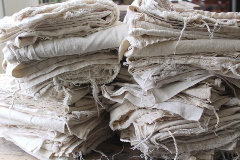 old unbleached natural cotton grain bags, feed sack fabric rustic farmhouse vintage