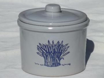 old wheat sheaf crock jar canister, blue wheat on grey stoneware pottery