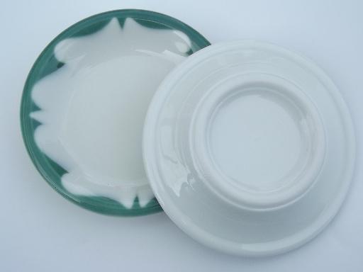 old white ironstone china butter pat plates, green airbrush restaurantware