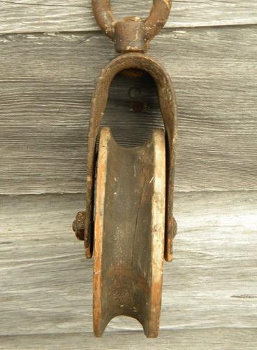 old wood and iron barn hayloft rope pulley, vintage farm primitive