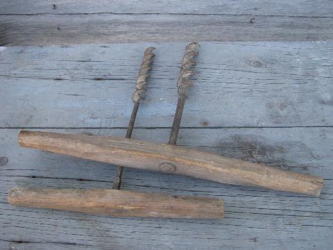 old wood barn beam drills / hand augers, antique farm primitive tools