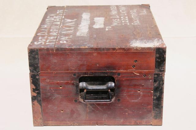old wood carpenter's tool box, primitive chest packing case for machinist's tools, WWII vintage