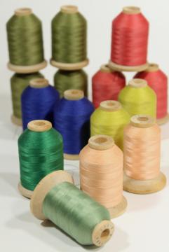 old wood cone spools - vintage sewing thread, Sylko type nylon in jewel colors