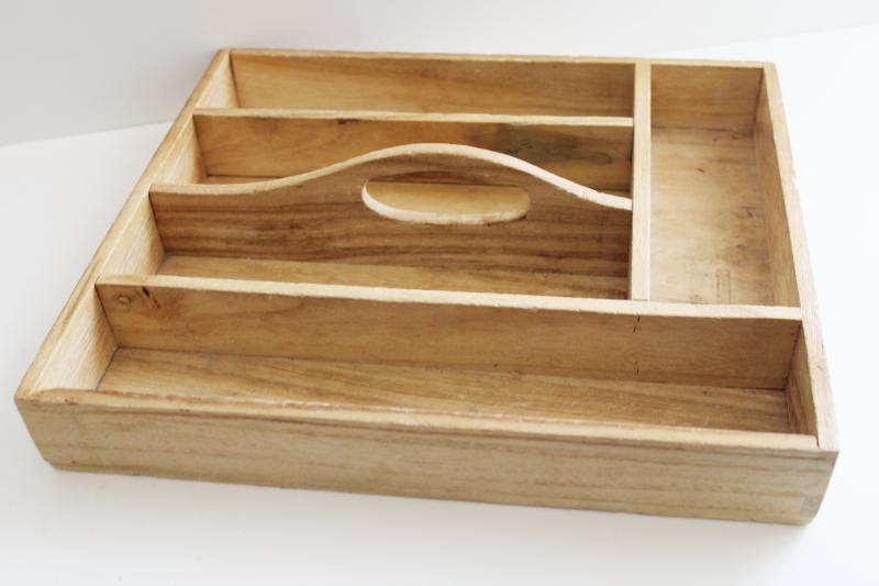 old wood flatware tray, tote handle box w/ organizer compartments, sections for utensils