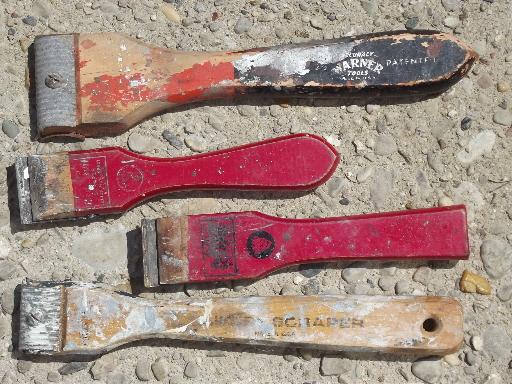 old wood handled tools lot, vintage paint scrapers in metal tool box 
